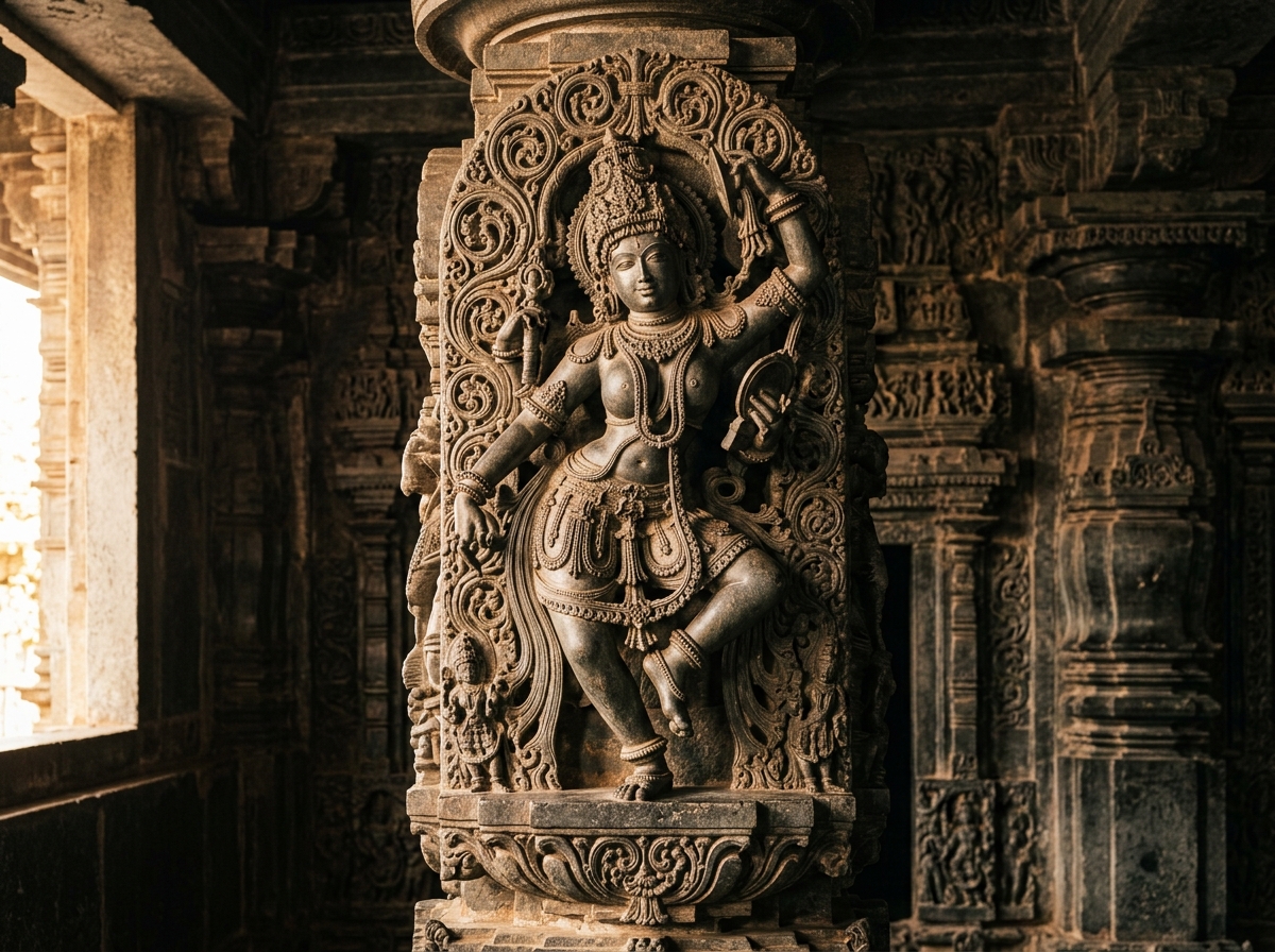 Intricate soapstone Madanika sculpture at Belur temple
