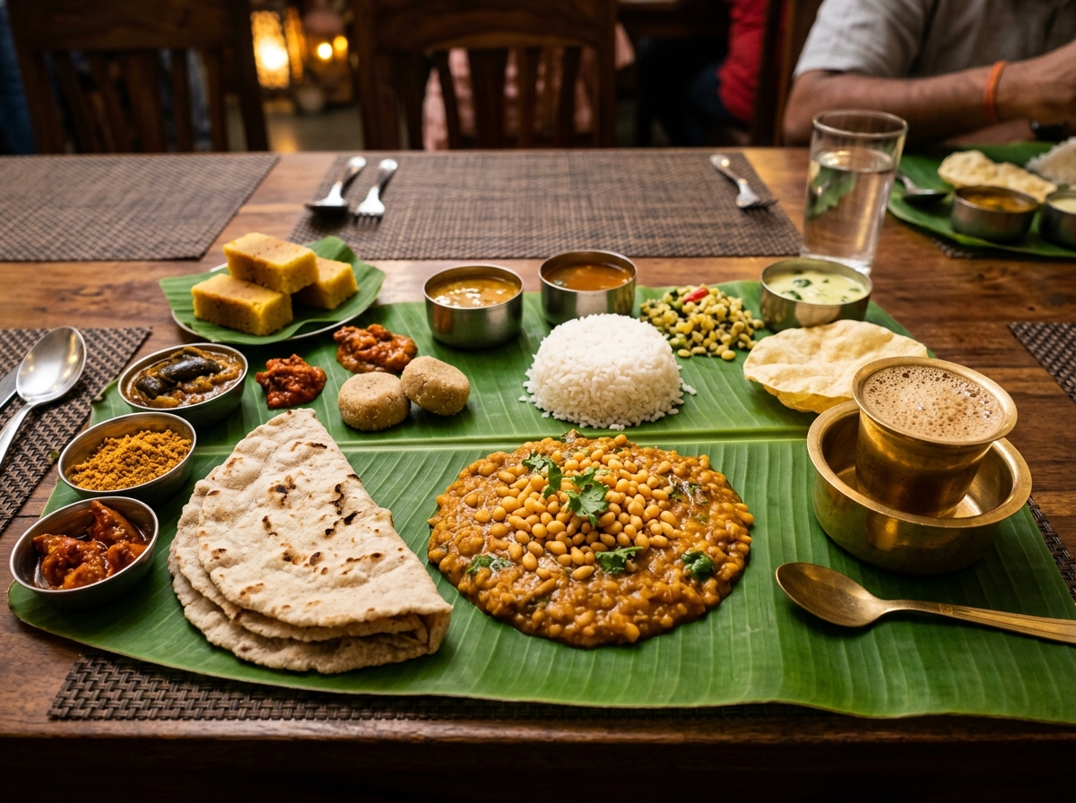 Traditional Karnataka banana leaf feast with filter kaapi and Mysore pak
