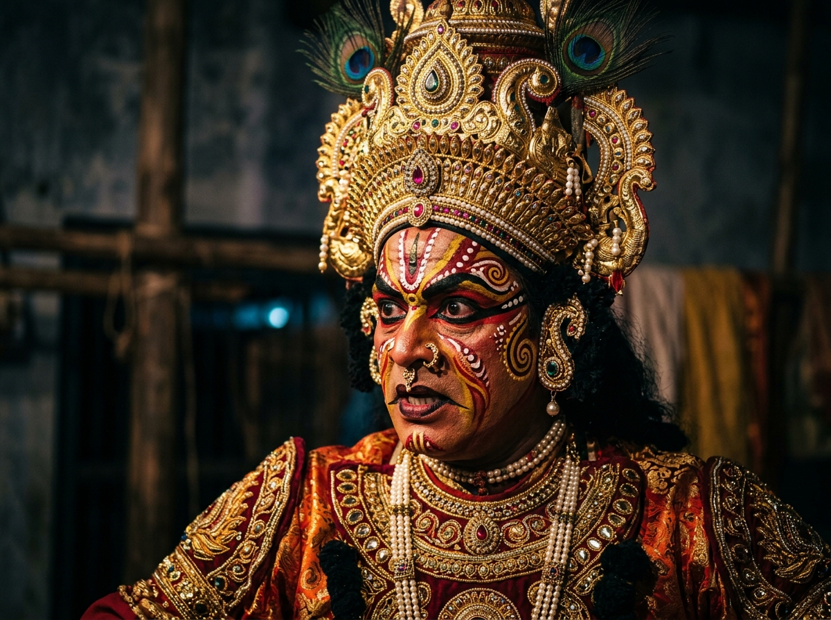 Vibrant Yakshagana artist with traditional headdress and face paint